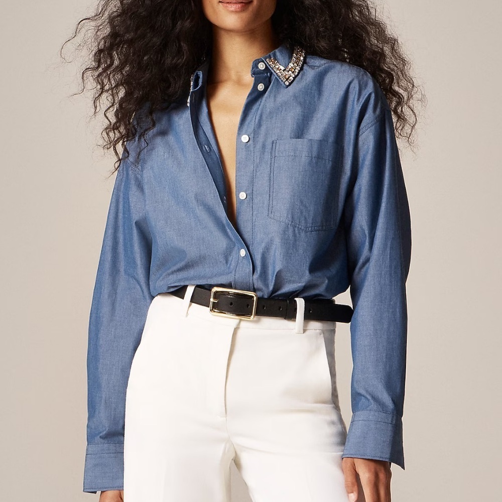 J crew cornflower blue Étienne oversized shirt in embellished lightweight oxford